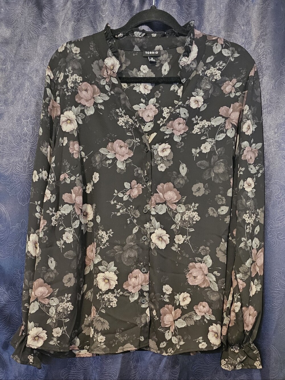 torrid Black Floral Button-Up Blouse with Pink and Cream Flowers